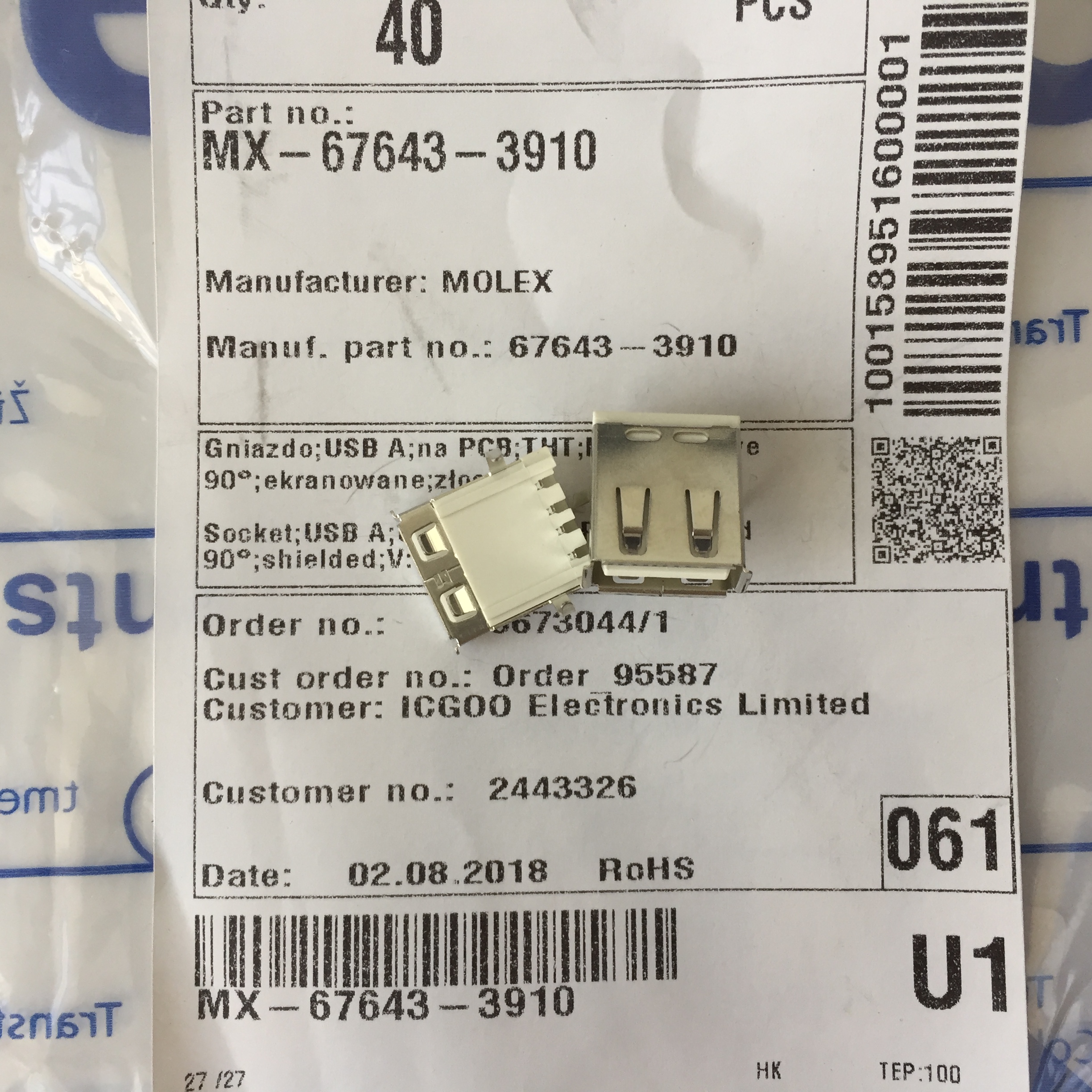 067643-3910 USB 2.0 接口连接器 全新原装进口 United States of America 产品图