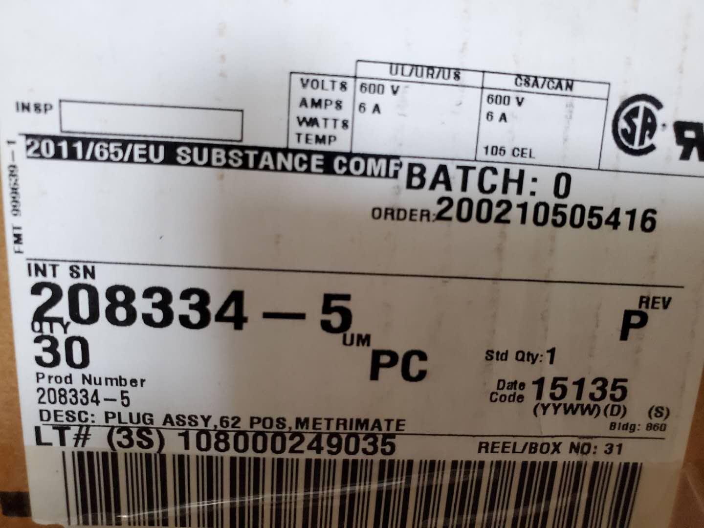 208334-2 矩形连接器 PLUG ASSY,62 POS,METRIMATE 产品图