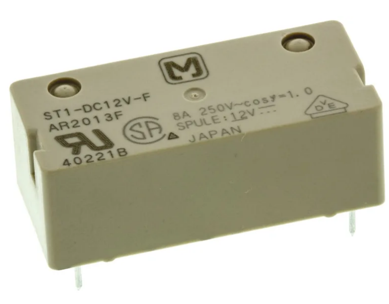 ST1-DC12V-F Power Relay 12VDC 5DC/8AAC SPST-NO/SPST-NC(31mm 14mm 11.3mm) THT 产品图